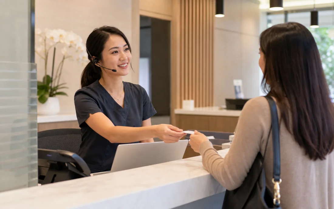 A professional receptionist answering a customer call