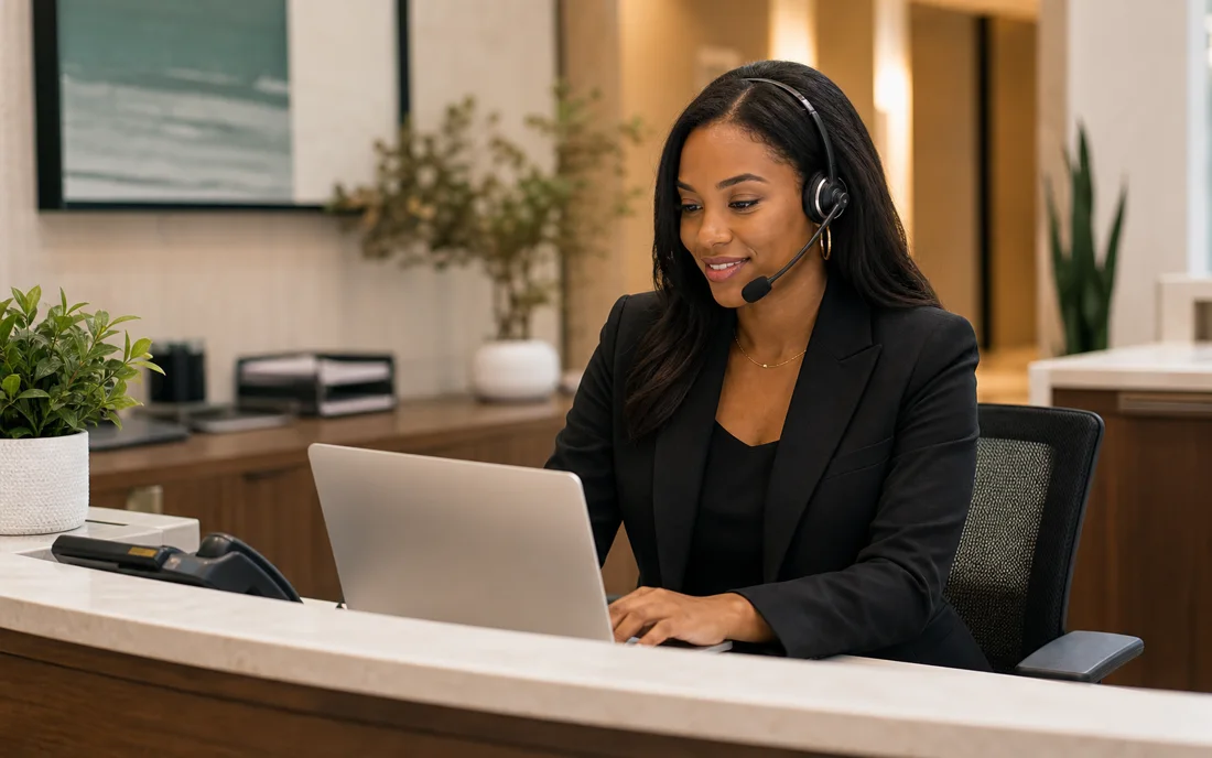 A professional receptionist answering customer calls with a headset