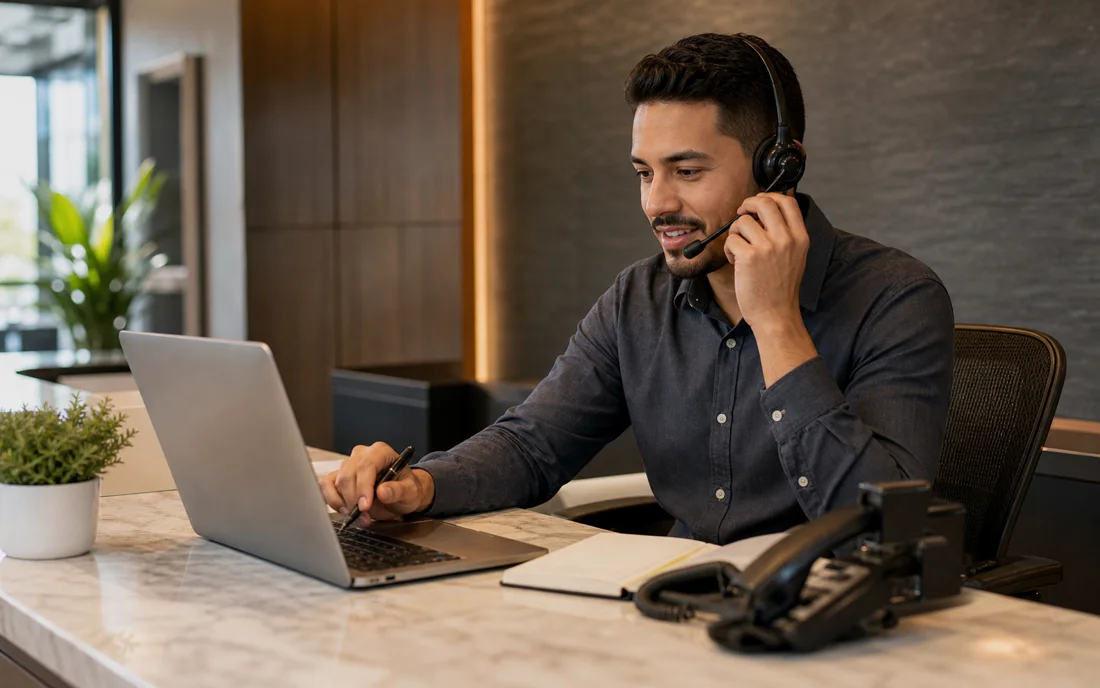 A professional receptionist handling calls and appointment requests